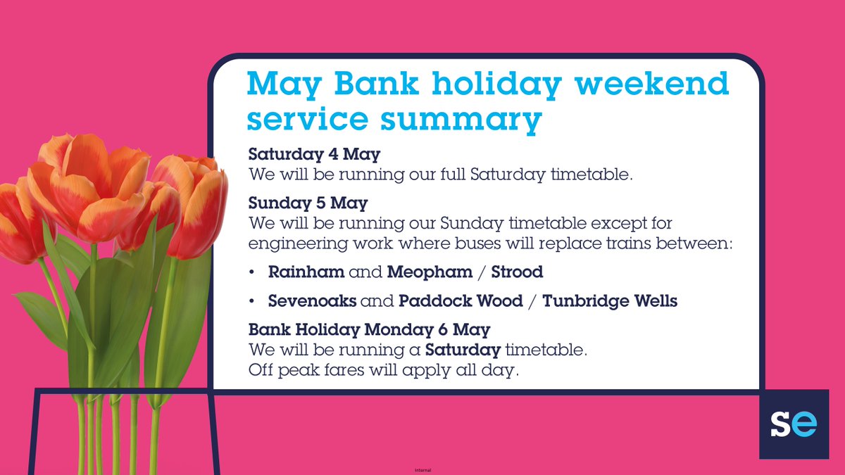 ℹ️ This May Bank Holiday, we'll be running a Saturday timetable and Off-Peak fares will apply all day. See below for a summary of our services across the bank holiday weekend.