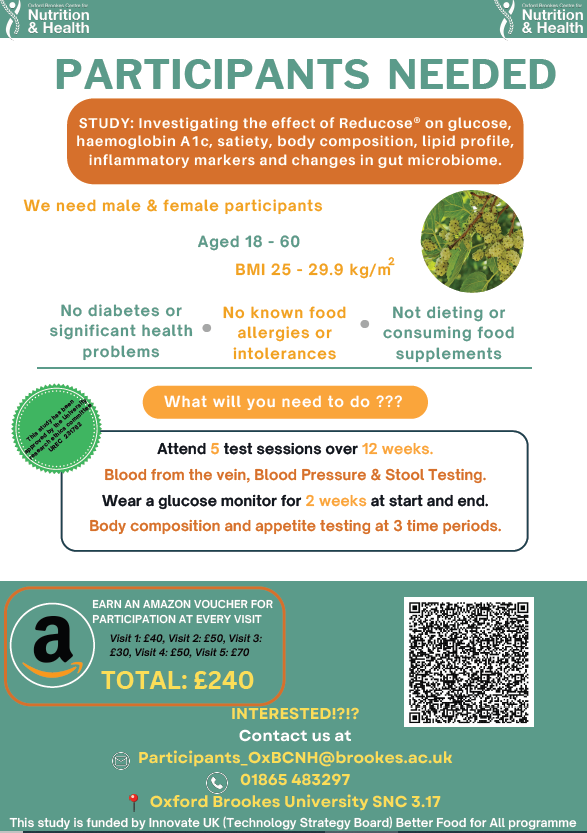 Interested in taking part in a Nutrition study? Live in or around Oxford? Want to earn £240 in Amazon Vouchers? Interests? Email us at: participants_OxBCNH@brookes.ac.uk to get more information!! #nutritionstudy #participants #helpingresearch #amazonvouchers #Oxford