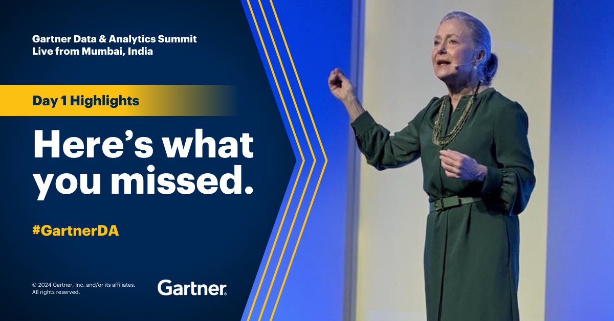 That’s a wrap for Day 1 of #GartnerDA in Mumbai. Highlights from the day include: ✅ This year's opening keynote ✅ Must-have roles and skills for #data, #analytics and #AI ✅ Top trends in D&A for 2024 Learn more in the Gartner Newsroom: gtnr.it/3vKYJFV