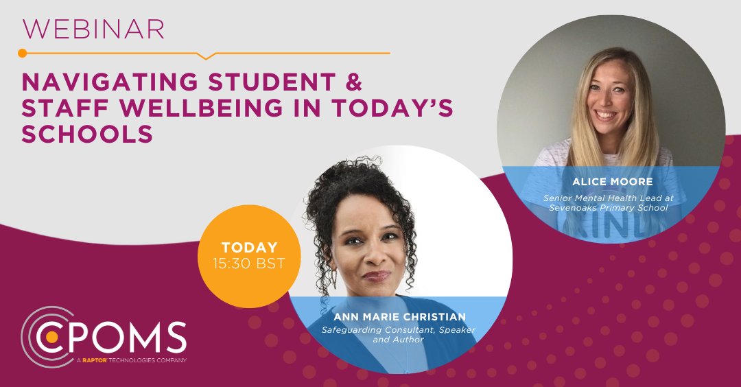 Later today we will be joined by Ann Marie Christian & Alice Moore! Our webinar on Student & Staff Wellbeing in Today's Schools will include valuable insights on promoting #wellbeing & #mentalhealth. There is still time to register here: bit.ly/3TGiDtL #Safeguarding