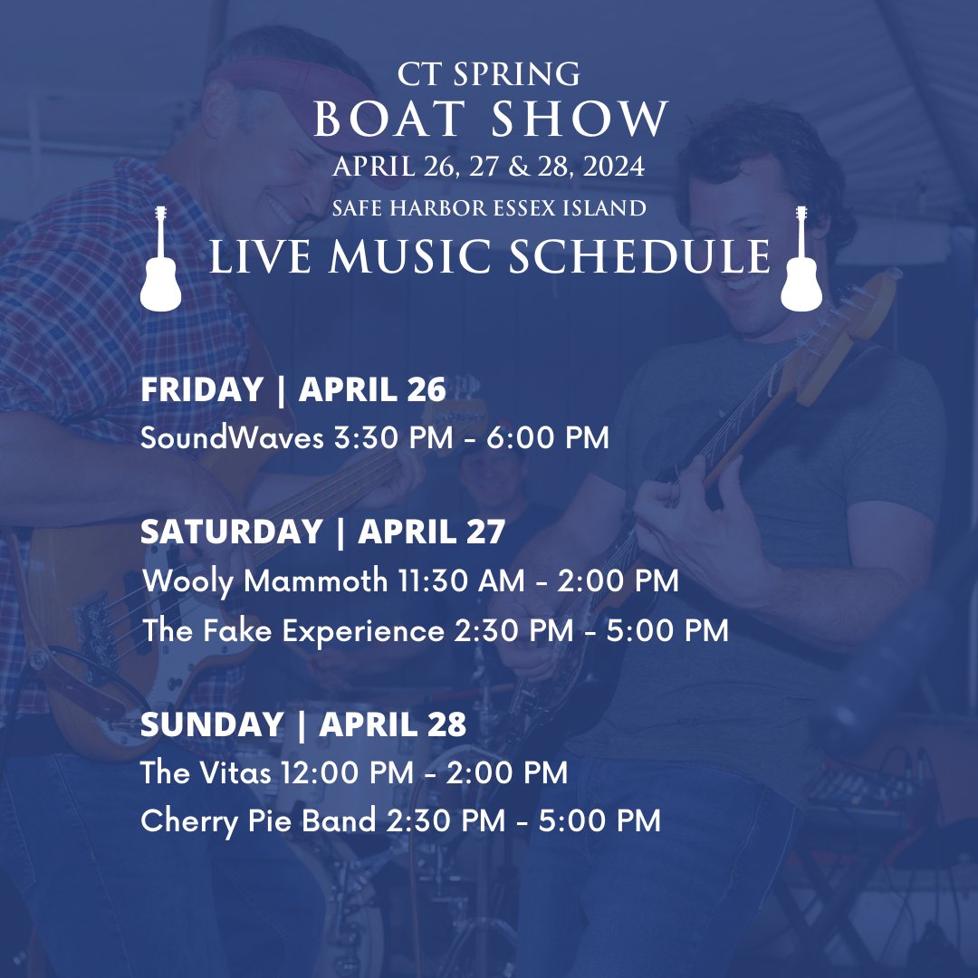 CSpringBoatShow's tweet photo. Enjoy LIVE MUSIC at the #ctspringboatshow all 3 days on Safe Harbor Essex Island 🎶 Purchase your advance tickets at https://t.co/5V0Bjp0TzJ
#boatshow2024 #ctspringboatshow2024 #essexct #experienceessex #ctboating #ctvisit #ctevents #sailsup4cancer #makeithereCT #livemusicCT https://t.co/gyKDTE7VYP