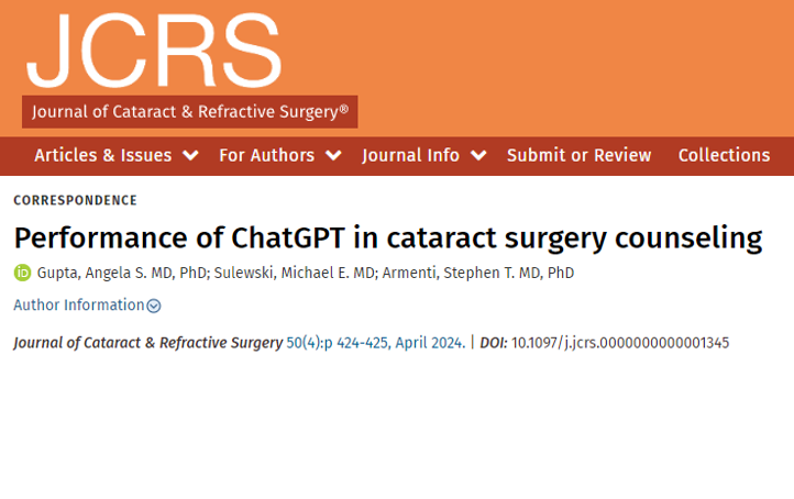 This interesting article discusses the performance of #ChatGPT in #CataractSurgery counselling.

Read more: journals.lww.com/jcrs/citation/…

#Ophthalmology #Ophthalmologist #EyeSurgery #EyeSurgeon #AI #ArtificialIntelligence