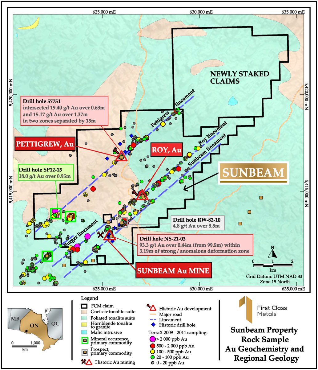 𝐅𝐢𝐫𝐬𝐭 𝐂𝐥𝐚𝐬𝐬 𝐌𝐞𝐭𝐚𝐥𝐬 𝐒𝐮𝐧𝐛𝐞𝐚𝐦 𝐆𝐨𝐥𝐝 𝐏𝐫𝐨𝐣𝐞𝐜𝐭 ⛏️District Scale gold project in Ontario. ⛏️Historic producing 'Sunbeam Mine' and two other workings at Roy & Pettigrew. ⛏️Three mineralised trends of 10km each long. ⛏️Large extension to the NE on