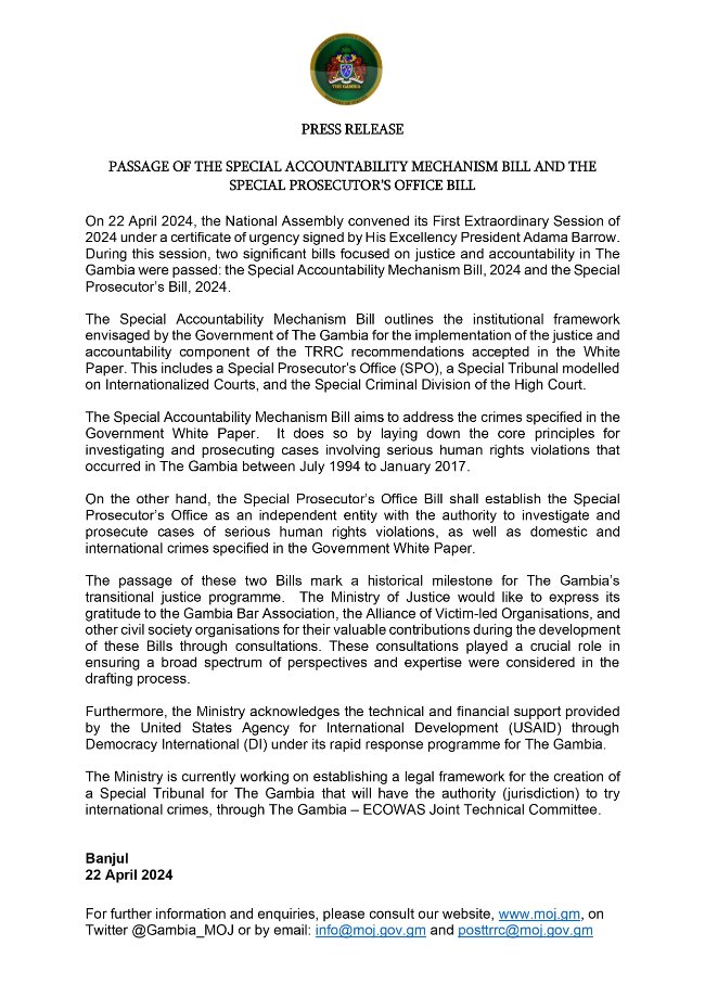 Press Release: Passage of the Special Accountability Mechanism and Special Prosecutor's Office Bills.