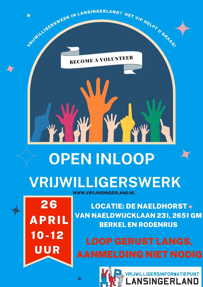 Vrijdag 24 april open inloop over vrijwilligers
Wat wil je doen voor een ander en wat dan?

Van 10-12 uur helpen we je graag !
Locatie: De Naeldhorst te Berkel en Rodenrijs

Tot dan!