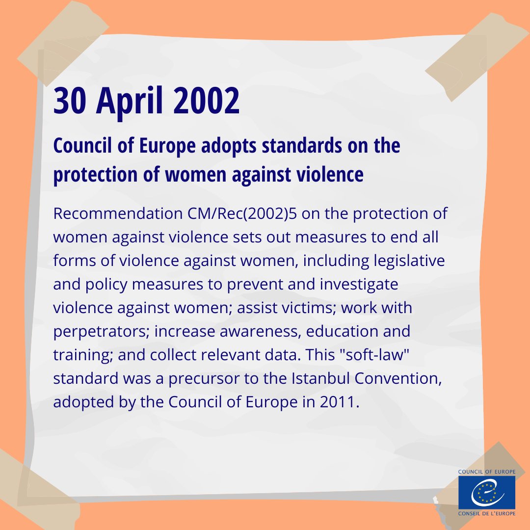 #OnThisDay in 2002 @coe adopted a recommendation setting standards to end #ViolenceAgainstWomen. This was a milestone for women's rights and a precursor to the #IstanbulConvention! 🗓️ Discover our #EqualityCalendar ⤵️ coe.int/en/web/gendere…