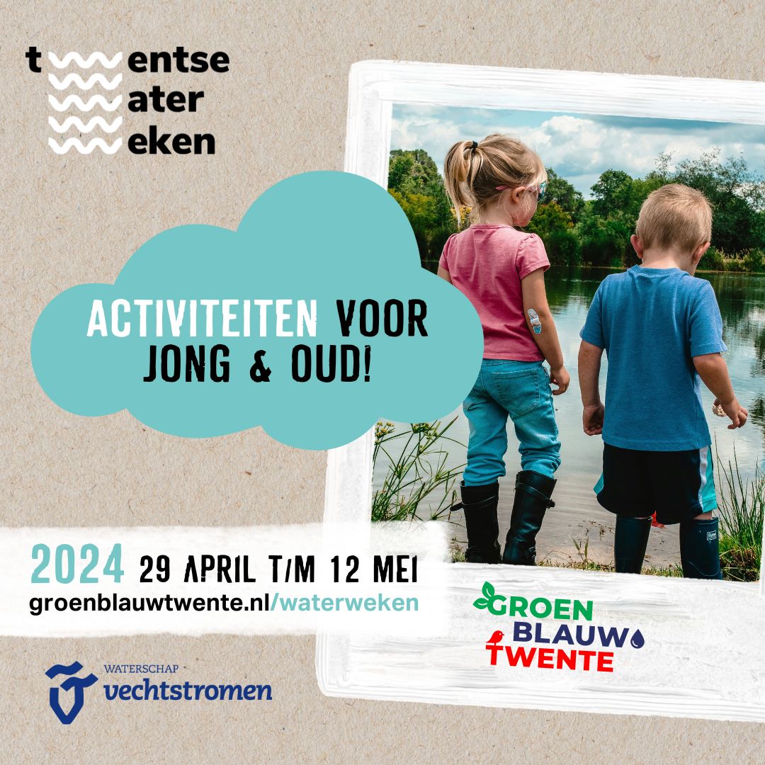 #twentsewaterweken 29 april t/m 12 mei in Twente activiteiten voor jong en oud. Kom naar een kindermiddag. Ga waterbeestjes zoeken, 1 mei bij Watermolen Frans in Mander of leer over bodem en water, 12 mei in het Abraham Ledeboerkpark Enschede.

Meer info? vechtstromen.nl/waterweken