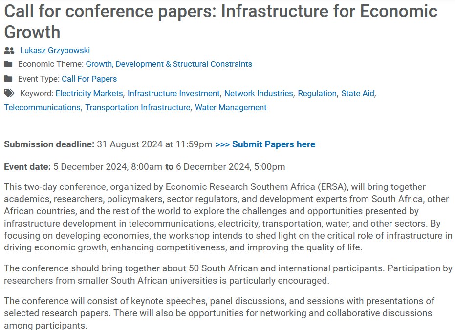 Exciting research agenda highlighted by @myjumens and @vox_dev, exploring the impacts of power outages in Africa! 

Join @econrsa conference to unravel more insights on the effects of infrastructure on growth.

Submit now: shorturl.at/lpuBL

#EconomicGrowth #Infrastructure