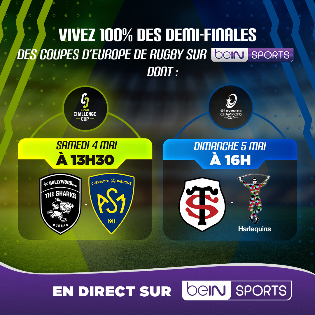 🏉 100% des demi-finales des Coupes d’Europe de Rugby 🔥 Les 4 et 5 mai en direct sur beIN SPORTS ! 🤔 L’ASM Clermont et le Stade Toulousain vont-ils se qualifier en finale ? 👉 bit.ly/3W6S0B4