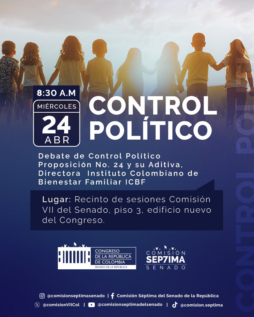 #ComisiónVII | 🗣️ 🇨🇴Unete a este debate de control político de la Proposición No. 24 y su aditiva para estar enterado de cómo el @ICBFColombia responde a los desafíos de la sociedad.