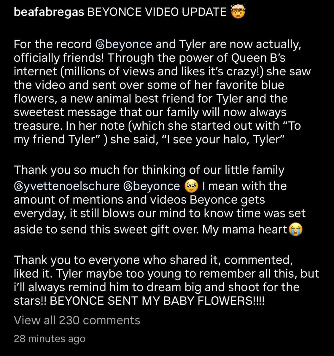 UPDATE: Beyoncé sent flowers and toys to Tyler 😭❤️