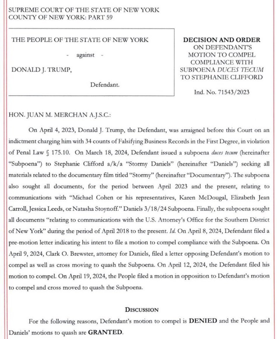 Judge Merchan is denying Trump’s request to subpoena documents from Stormy Daniels Trump’s lawyers believe these documents would show: 1: Bias against Trump 2: Prior inconsistent statements These are fair game for cross examination Mercchan is kneecapping him #TrumpTrial