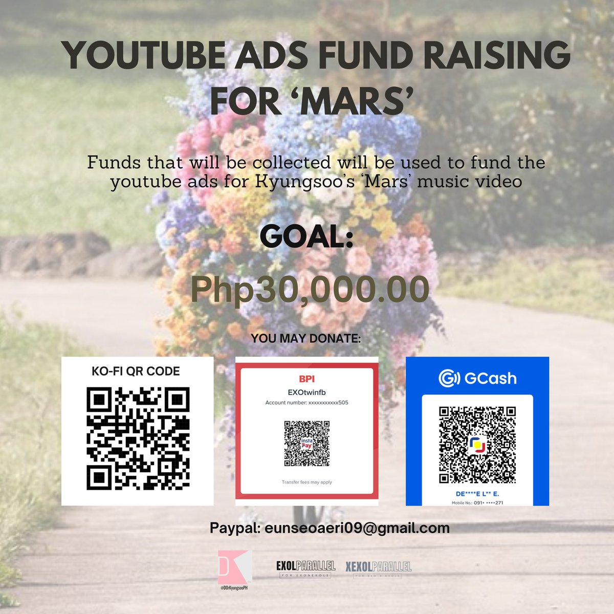 Dandanies and EXO-Ls, MARS Official MV Release is on May 7. Help us, together w/ @EXOLParallel & @XEXOLParallel raise funds to campaign for Mars on YT. GOAL: PHP30,000 Donate here: bit.ly/MarsYTAd Let’s make <MARS> successful! Thank you! 🥹🌸 #DOHKYUNGSOO #도경수