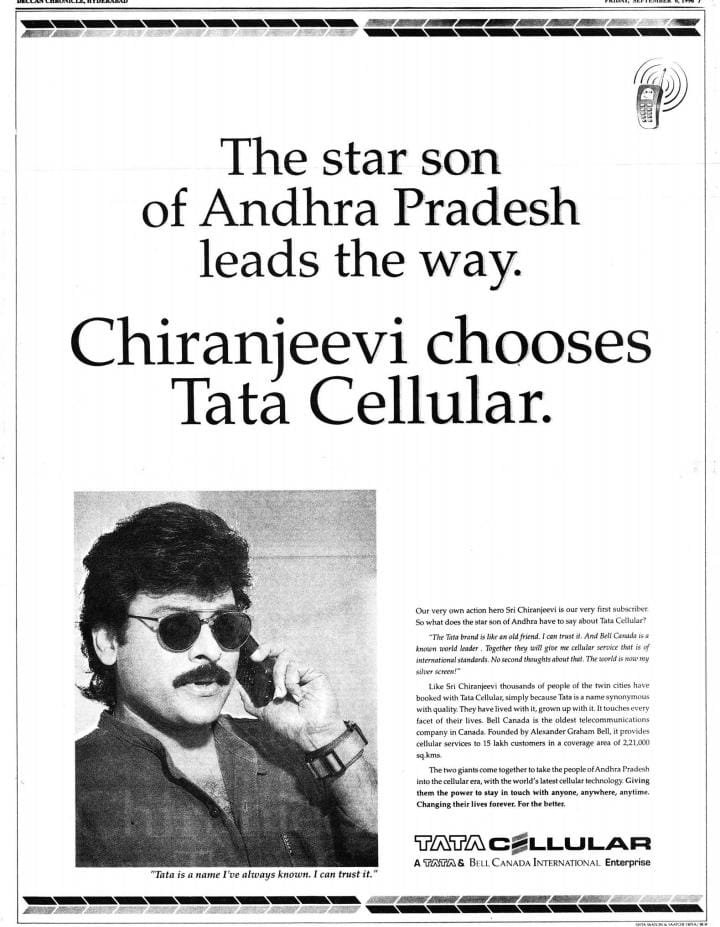 During the launch of the first mobile phone services [Tata - Bell Canada International Inc.] in Hyderabad on 05-09-1996 ( 5th Septemeber 1996 Gurupuja day) Print Media Articles About Boss Megastar @KChiruTweets #MegaStarChiranjeevi