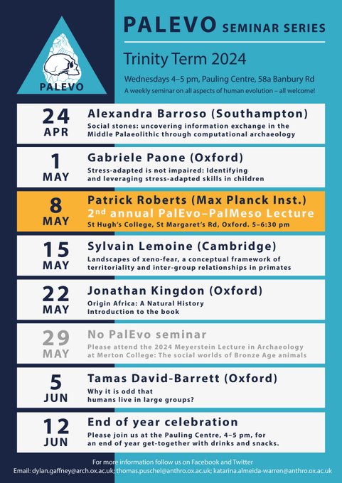 This great series of seminars from @PalEvoOxford starts at 4pm today! 🗺️ The Pauling Centre, 58a Banbury Road For more info go to events pages on our website. 🔗anthro.ox.ac.uk/palevo-seminars