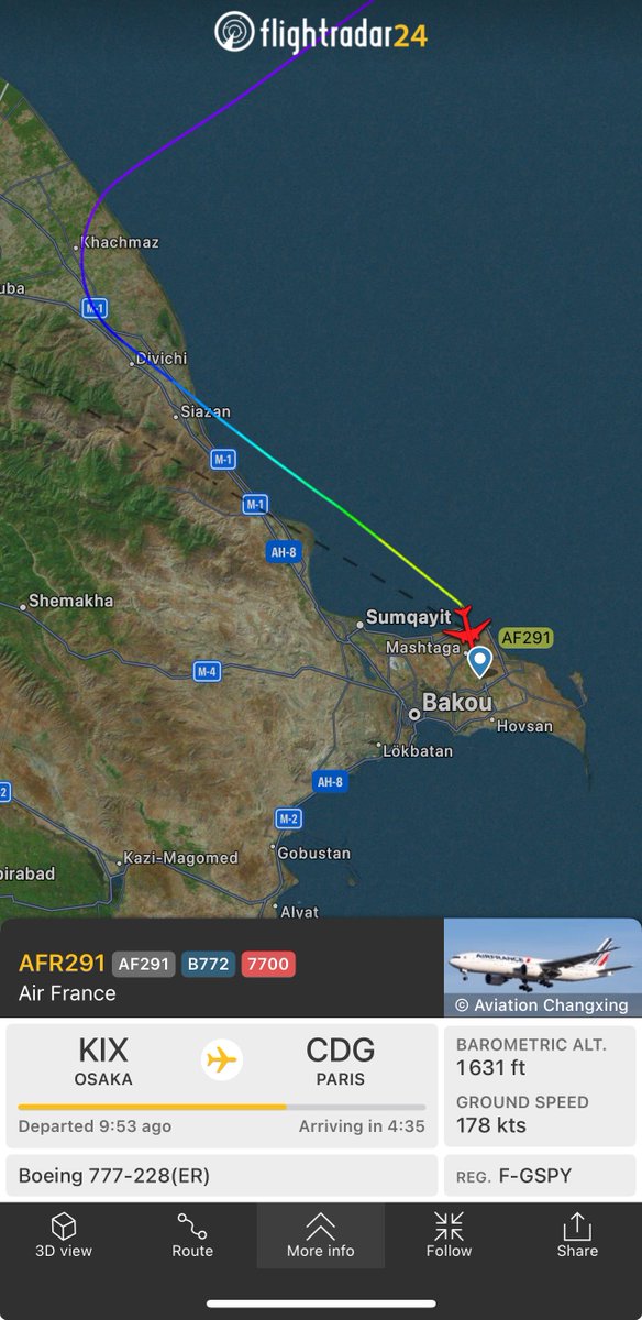 ✈️🆘↩️ #AirFrance flight #AF291 #AFR291 aircraft #B772 #FGSPY between KIX/Osaka-Kansai 🇯🇵 and CDG/Paris-Charles de Gaulle 🇫🇷 has declared #emergency via #squawk7700 for as yet unknown reason and is currently diverting to GYD/Baku 🇦🇿