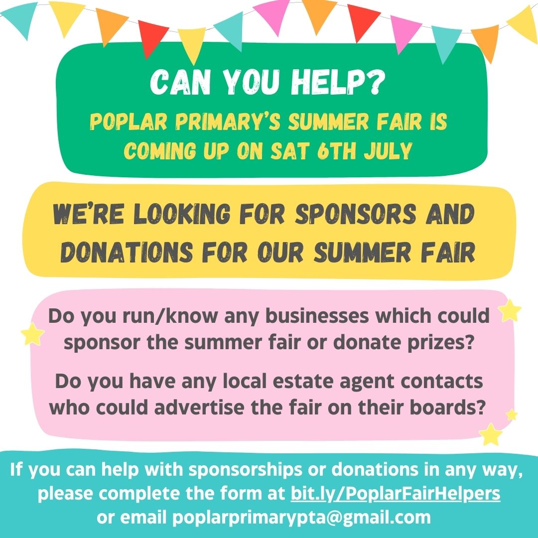 PoplarPTA's tweet photo. Poplar Primary's Summer Fair is coming up on Saturday 6th July! If you can help us with sponsorships and donations, we'd love to hear from you

Companies: please email us at poplarprimarypta@gmail.com

Parents: complete the form at https://t.co/AlqcAyxFGk or send us an email https://t.co/CS1q85Q1j8