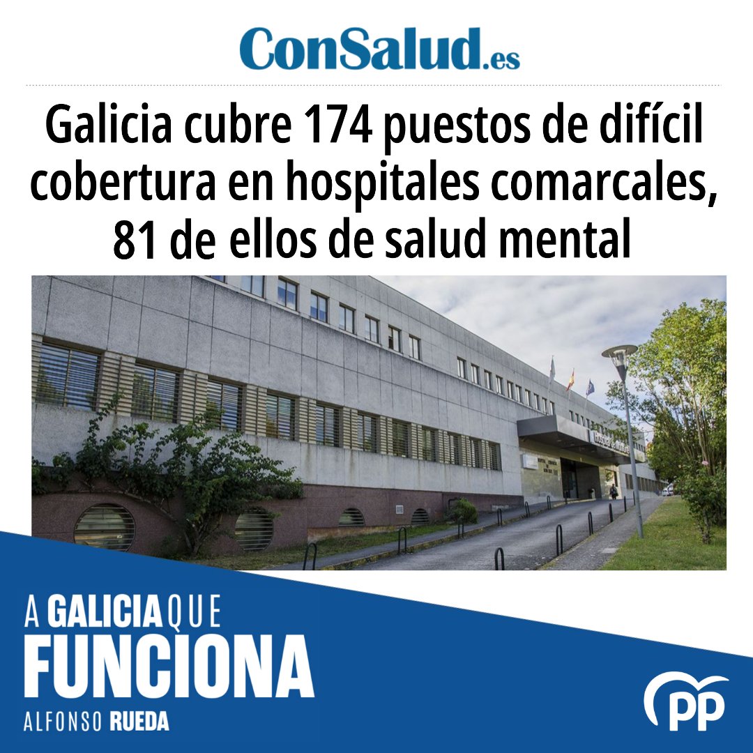 Galicia continúa reforzando a súa Sanidade pública. 🏥 Faino cubrindo 174 postos de difícil cobertura en hospitais comarcais, 81 deles de saúde mental. 👉🏻 consalud.es/autonomias/gal…