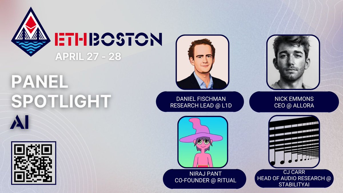 Don't miss our 'Artificial Intelligence Meets Artificial Currency ' panel this weekend at #ETHBoston🦞discussing AI & Crypto. 🎙️April 27, 2024 1:30 PM @f_s_y_y from @L1D_xyz @niraj from @ritualnet @nick_emmons from @AlloraLabsHQ @cortexelation from @StabilityAI & @dadabots