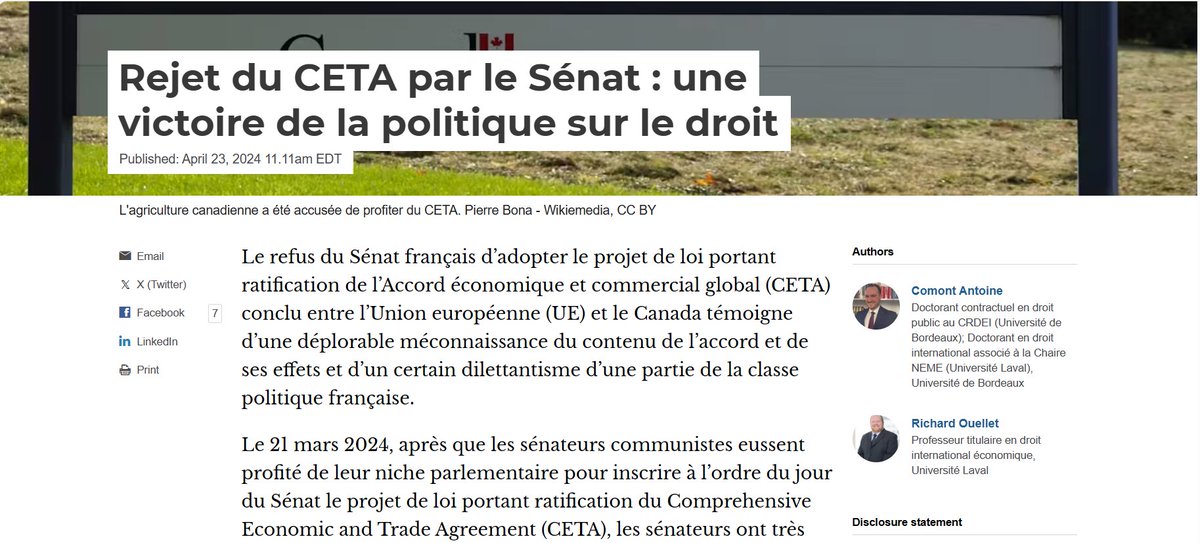 📣 Nouvel article à ne pas manquer ! Lisez 'Rejet du CETA par le Sénat : une victoire de la politique sur le droit' écrit par Antoine Comont et Richard Ouellet sur The Conversation. neme.chaire.ulaval.ca/publications/r… #CETA #Politique #Droit