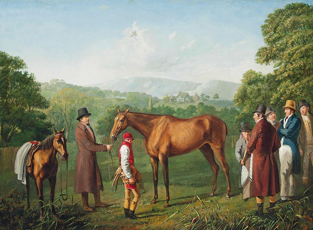 Jacques-Laurent Agasse, Swiss painter (1767–1849)
A bay racehorse held by a trainer in an extensive landscape, with a jockey and other figures
nearby