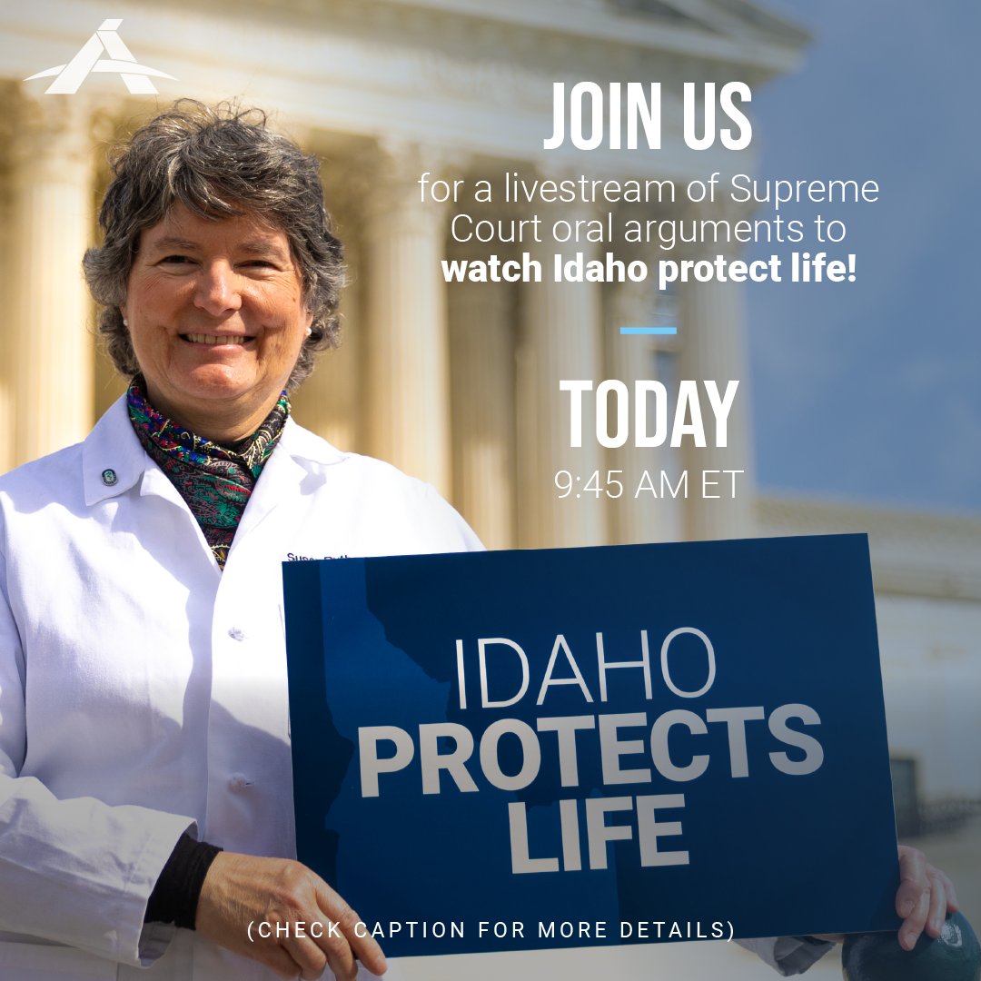 TODAY AT SCOTUS 🏛️ Idaho is standing up to prevent the Biden administration from inventing a federal abortion mandate by manipulating EMTALA. We're proud to stand alongside ID's AG @Raul_Labrador in the effort to protect women and the unborn. LISTEN LIVE to oral arguments @…