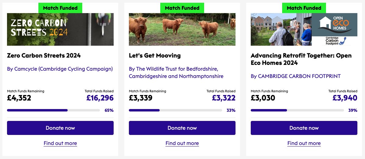 The <a href="/BigGive/">Big Give</a> #GreenMatchFund ends tomorrow and there are over £10k left of match funds available for these Cambs based environmental charities! <a href="/camcycle/">Camcycle</a> <a href="/CCFcambridge/">Cambridge Carbon Footprint</a> <a href="/wildlifebcn/">The Wildlife Trust for Beds, Cambs & Northants</a>

Please give what you can &amp; double your donation 🙏🏻 

Camcycle’s page is camcycle.org.uk/BigGreenGive20… 💚