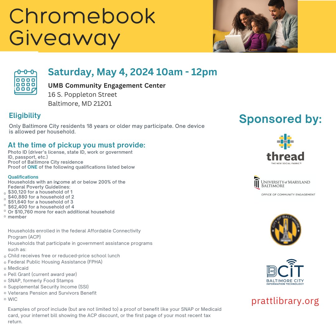 📢 Attention Baltimore residents! We're excited to announce two Chromebook Giveaways to help bridge the digital divide in our city! 🌐💻 Sign up Today: bit.ly/3OIYTUu?r=qr
