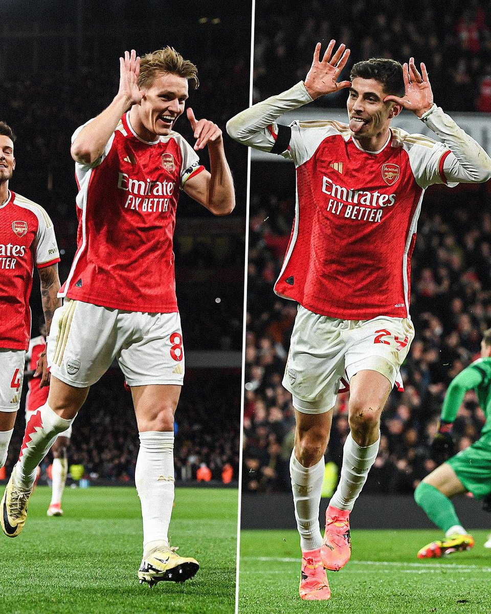 Martin Ødegaard doing the celebration of Kai Havertz yesterday after the third goal from @Arsenal. I love this team 😂❤️