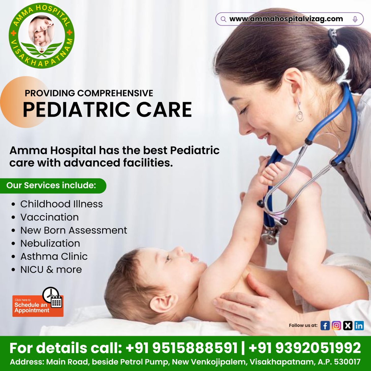 Experience dedicated care with our advanced facilities including treatment for childhood illnesses, full vaccination services, thorough newborn assessments and effective nebulization treatments.

#AmmaHospital #BestPediatricCare #BestPediatricHospital #BestPediatricSpecialist