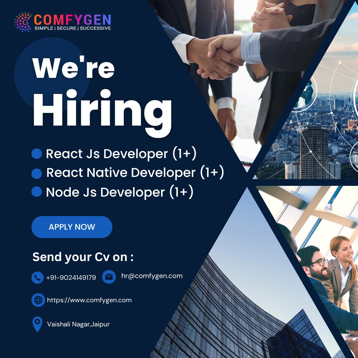 #hiringalert 

We're seeking React Native, React JS, and Node JS developers. Join our innovative team!

Company: @comfygentech 
Location: Jaipur (Work from office)
Experience: 1+ year

#hiringnow #immediatejoiners #hiring #hiringimmediately #jobalert #vacancy #jobvacancies
