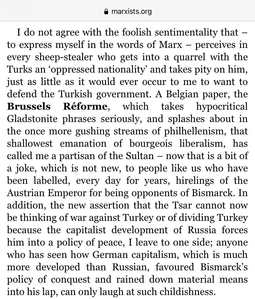 Almanya Sosyal Demokrat Partisi (SPD) kurucularından Wilhelm Liebknecht:

“Türklerle kavga eden her koyun hırsızını 'mazlum millet' görüp ona acıyan aptalca duygusallığa katılmıyorum.”