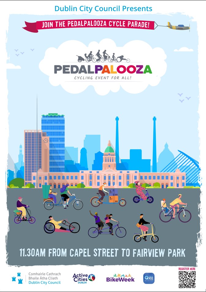 The Pedalpalooza cycle parade is back again this year! Join us on Capel St on Sun 12th May for a family-friendly traffic-free cycle through city streets! We finish in Fairview Park where free, fun events take place throughout the day. Register at pedalpalooza2024.eventbrite.ie#bikeweek…