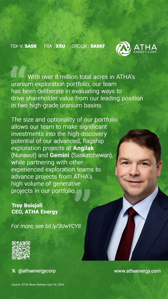 Troy Boisjoli, CEO of $SASK.V $SASKF ATHA Energy commented on the option agreement with Inspiration Energy @inspiration_isp bit.ly/3UwYCY8 → “With 4.8 million acres of exploration land in the high-grade Athabasca Basin and over 8 million total acres in ATHA’s #uranium