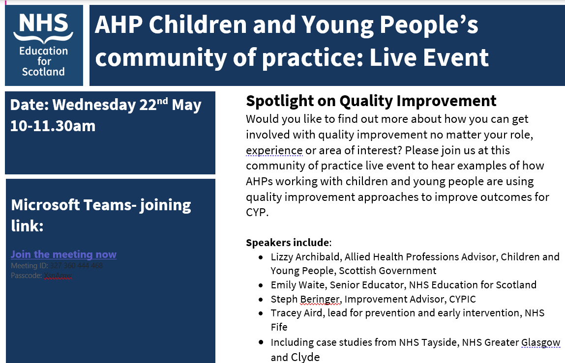 Are you an AHP Working with Children and Young People? Please come along to the community of practice QI Live event on Wednesday 22ndMay to hear how AHPs are using Quality improvement approaches to improve outcomes for CYP @brodiebumblebee @clairec_ahpcyp @cmcdlot @McGuire_Clare