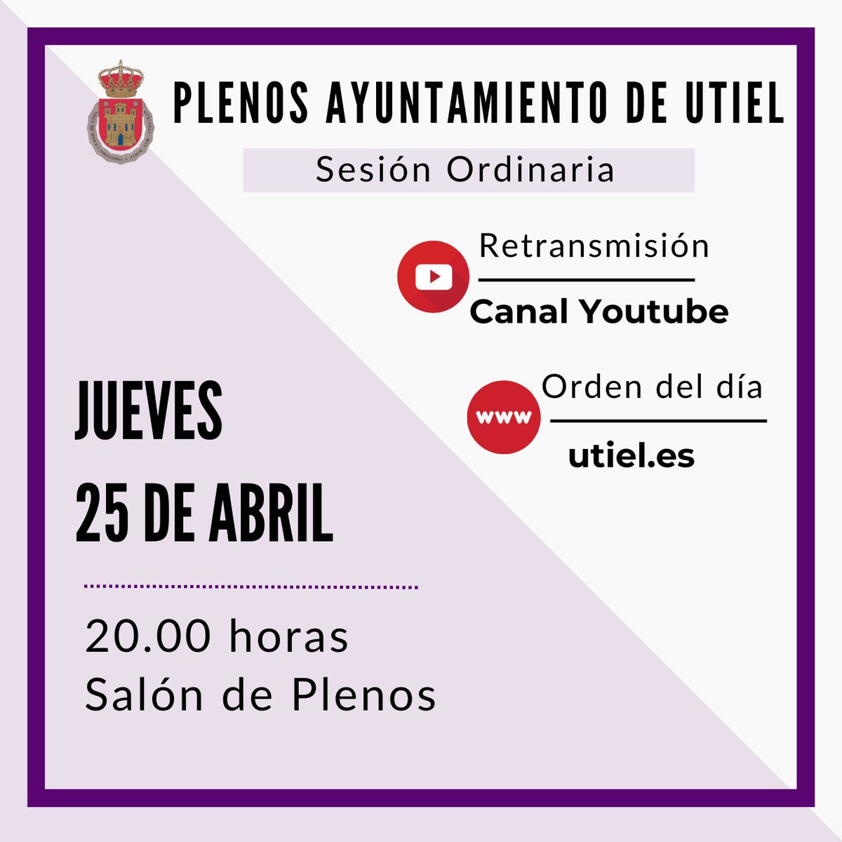 📣Mañana el Ayuntamiento de Utiel celebra sesión ordinaria de pleno del mes de abril 🗓️J25 de Abril - 20h📍 Salón de Plenos 📹La convocatoria será retransmitida en directo por el canal de YouTube #PlenosAyuntamientoUtiel ℹ️ Orden del día #AvisosUtiel utiel.es/es/aviso/convo…