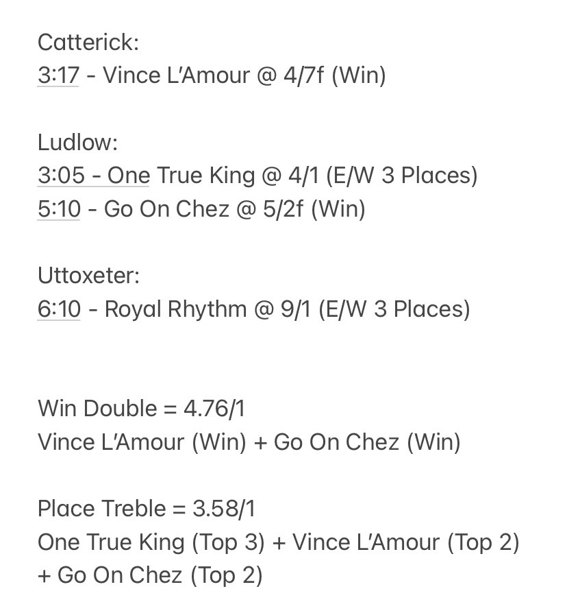 My Selections For Today:

Not The Best From Me The Last Few Days But Hopefully Can Bounce Back Here!👀

Good Luck If You Follow On!🤝🏇

#HorseRacing #Horses #Racing #Catterick #Ludlow #Bets #Tips #Uttoxeter #Win #Place #EachWay #Betting #Odds