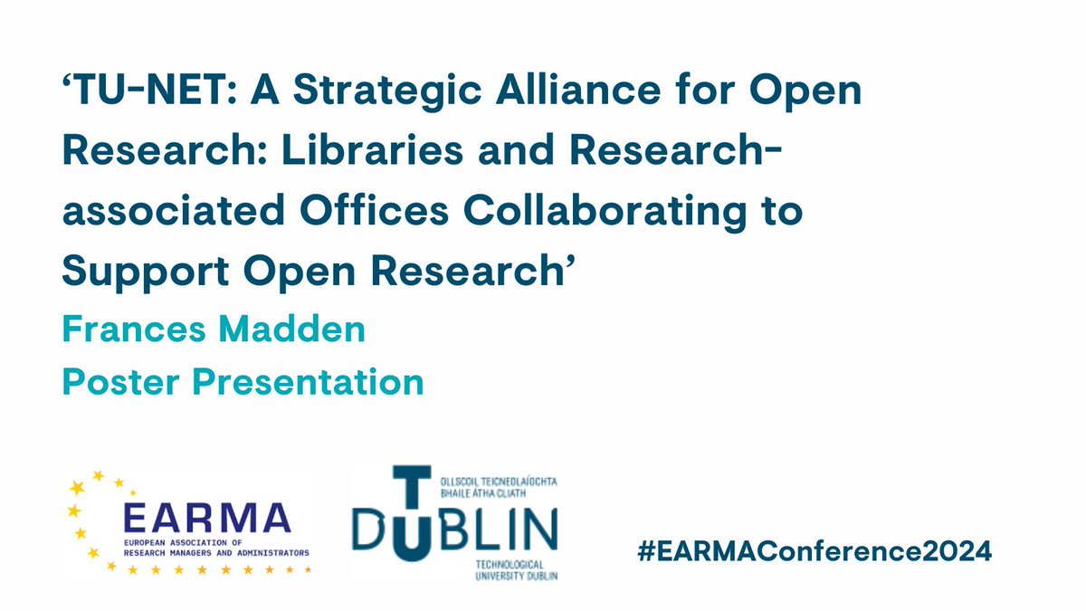 Frances Madden's (Assistant Head of Library Services: Research Services) #EARMAConference2024 poster presentation outlines the collaborative partnership between library services and research support offices. View online  arrow.tudublin.ie/liboth/11/  @EARMAorg @WeAreTUDublin