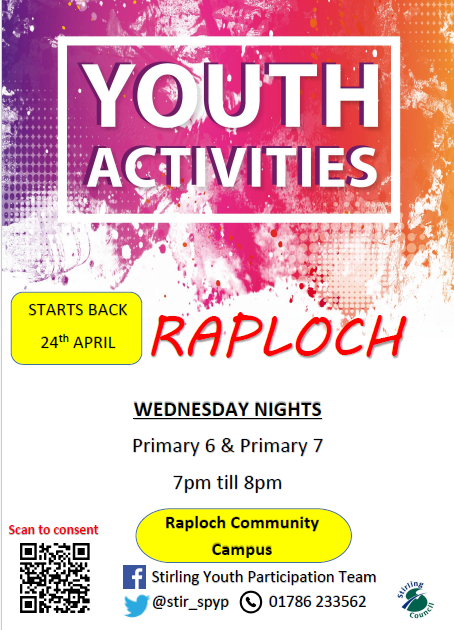 😀RAPLOCH BACK TONIGHT😀 Primary 6/7 Group is now one group and will run from 7pm-8pm on a Wednesday night. Please see poster for information Please scan the QR code to consent to your Young Person coming along.