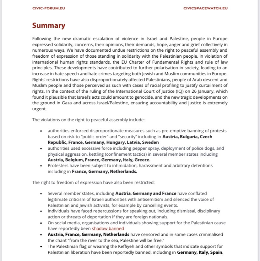 “Germany is violating international human rights standards, including the right to freedom of expression and peaceful assembly through the banning of protests, arresting and harassing of protesters, silencing of activists, shutting down of organisations.” - Civic Forum report