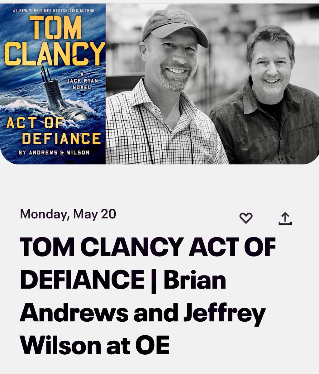 Hey #tampabay … Join us for the launch of #ActofDefiance our Tom Clancy novel celebrating the 40th anniversary of #huntfortheredoctober. Stop by @OxfordExchange 5/20 for a great evening! eventbrite.com/e/tom-clancy-a…