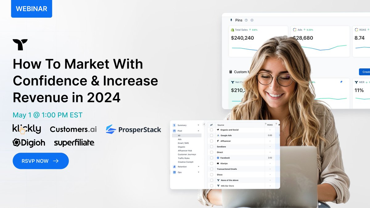 What are you doing May 1st at 1pm ET? Joining this AMAZING webinar from @triplewhale of course! Join @larrykim and a fabulous set of speakers for 'How To Market With Confidence & Increase Revenue in 2024' airmeet.com/e/b9328ea0-ed5…