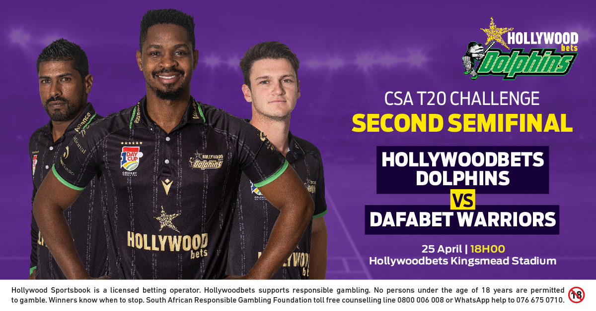 Win and we are in on🏏
The Hollywoodbets @DolphinsCricket will host the second CSA T20 Challenge semifinal against the Warriors at Hollywoodbets Kingsmead 🐬
A win for our boys will see them qualify for Sunday's final 🤞🏆
#HWBTWT #HollywoodbetsxTheDolphins #CSAT20Challenge