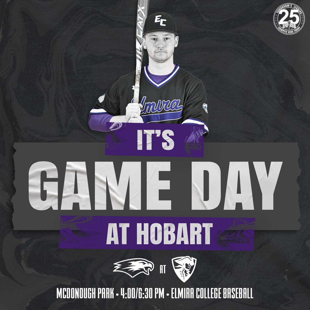 A trip up Route 14 this afternoon for @ElmiraBaseball as the Soaring Eagles face the Statesmen in a non-conference doubleheader!
 
🆚 Hobart
🕓 4:00/6:30 PM
📍 Geneva, NY | McDonough Park
📊&📺: rb.gy/3nbolr
 
#TogetherWeFly #FightOn4EC #ElmiraProud