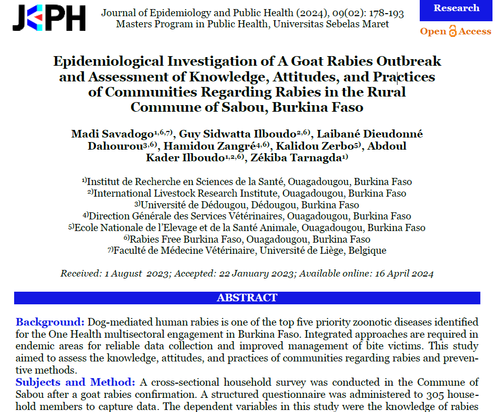 Our paper on #goat rabies outbreak investigation with <a href="/RabiesFreeBF/">Rabies Free Burkina Faso</a> is now out.
Read here: jepublichealth.com/index.php/jepu…