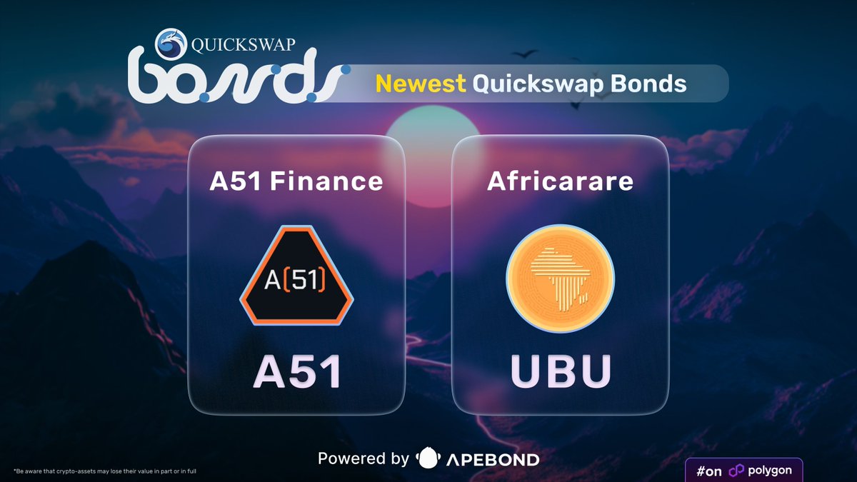 .@A51_Fi and @AfricarareNft have launched new QuickSwap Bonds on Polygon PoS! 🔸 A51 Reserve Bond: Buy with $WMATIC 🔸 $UBU Liquidity Bond: Buy via Zap function Get up to a 5% discount now with a 30-day vesting term for each Bond. 👉 quickswap.exchange/#/bonds