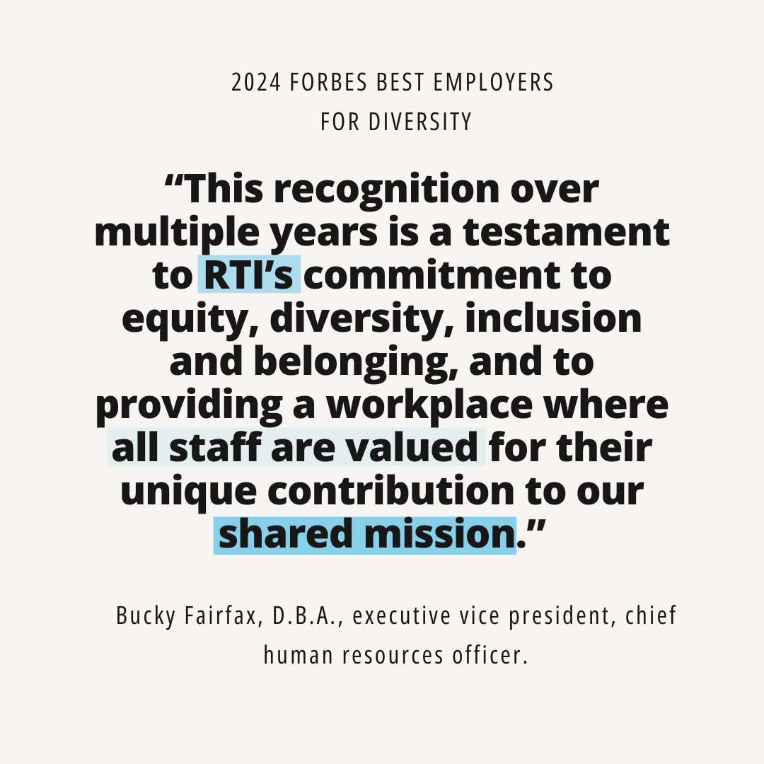 RTI_Intl's tweet photo. We are honored to be recognized by @Forbes as one of America’s Best Employers for Diversity. This marks our 3rd time on the list, a testament to our sustained commitment to building an inclusive workplace. #RTIdifference
https://t.co/t6KQPQyvkd https://t.co/z5NpM9yh8u