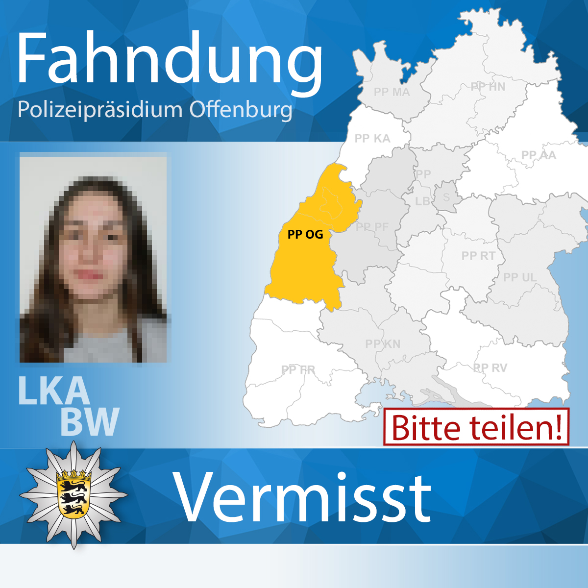 #Vermisstenfahndung - BITTE RT ⚠ Seit dem 20.04.24 wird die 13-jährige Ayla K. aus #Rheinmünster vermisst. Sie ist auf Medikamente angewiesen. Hinweise bitte umgehend an unsere Kolleginnen und Kollegen aus #Offenburg. Zur #Fahndung ▶ t1p.de/nyuq Euer #LKABW