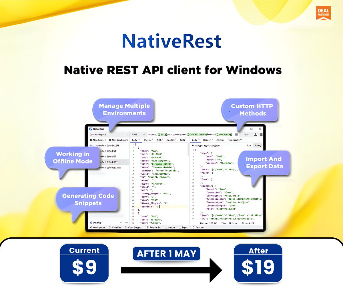 🚨 Native Rest Price Increase on 1st May ($9 to $19)

Affordable, resource-efficient API testing solution. Simplified interface with advanced features. No compromise on performance or usability.

🔗 BEST LINK: dealmirror.com/product/native…

#dealmirror #saas #api #apitesting