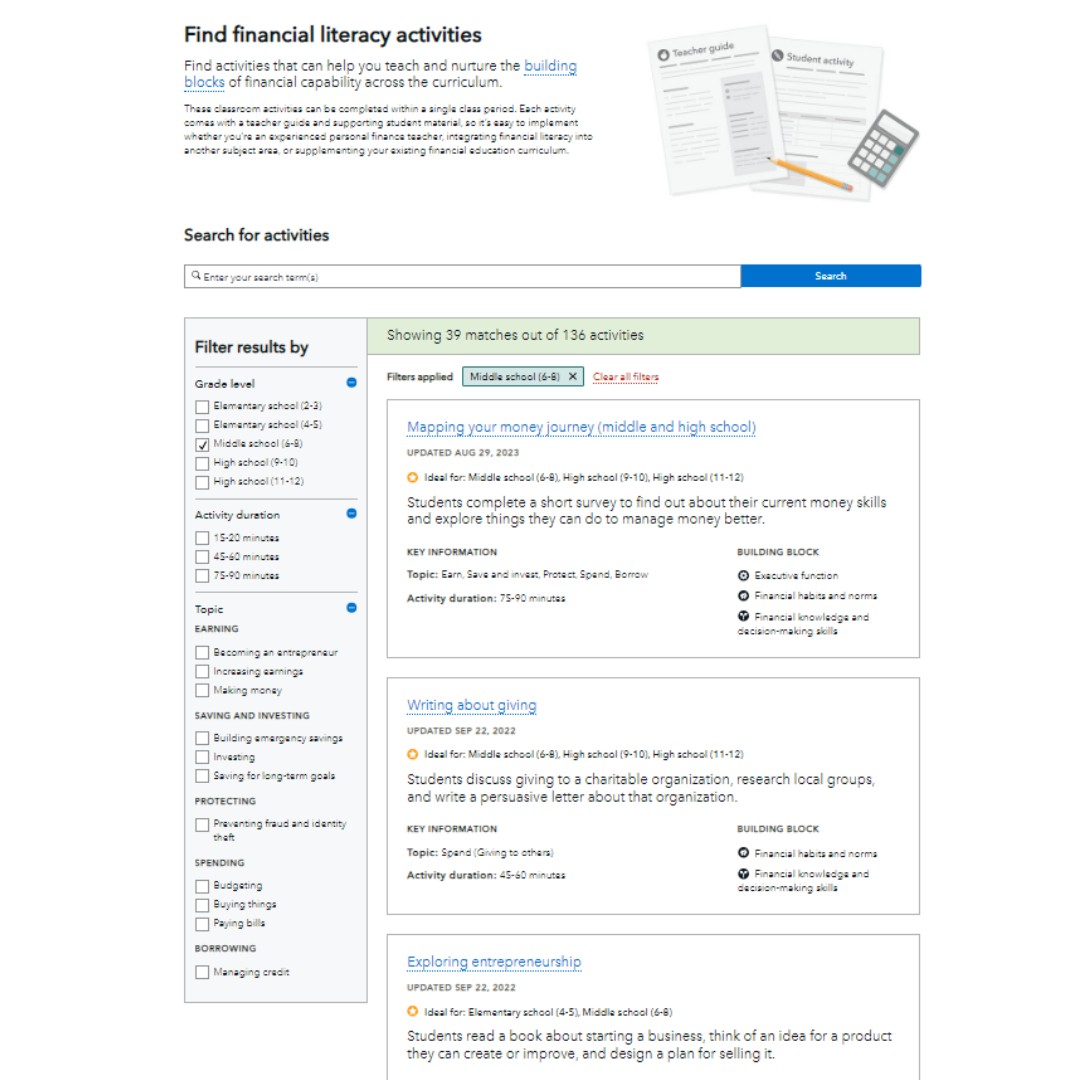 Each day of April, we share a #financialliteracy resource to help students increase their financial knowledge. Today's resource is a set of classroom activities curated by @CFPB covering topics ranging from charitable giving to entrepreneurship. bit.ly/2xW6z1g